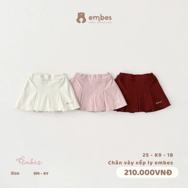 Chân Váy Bé Gái Embes Xếp Ly Dáng Tennis, Nhung Tăm Dày Dặn, 8-18kg, Giá 168k