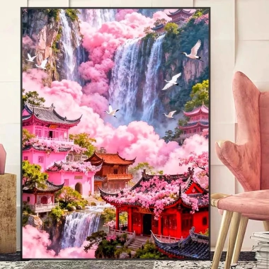 Cổ chữ thập khâu full thêu 2.025 phong cách mới - hoa đào Yingjiang núi phong cảnh - giá ưu đãi 312.623 VND