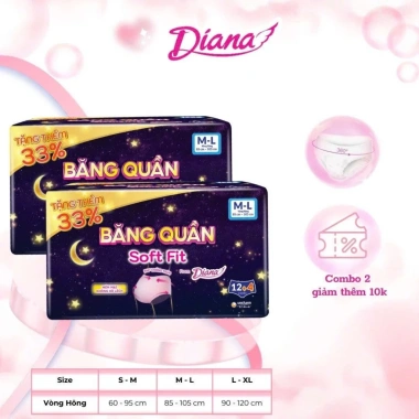 Combo 2 Băng Vệ Sinh Dạng Quần Diana Soft Fit Size ML 12+4 Miếng Giá chỉ 175k