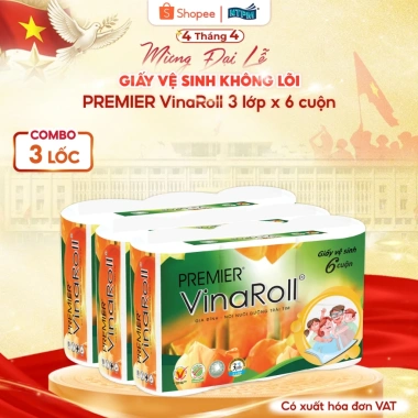 Combo 3 lốc Giấy vệ sinh PREMIER VinaRoll 3 lớp không lõi 100% bột giấy nguyên sinh không chất tẩy - 6 cuộn chỉ 151.000₫ Combo 3 lốc Giấy vệ sinh PREMIER VinaRoll 3 lớp không lõi 100% bột giấy nguyên sinh không chất tẩy - 6 cuộn chỉ 151.000₫