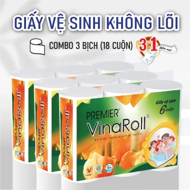 Combo 3 lốc Giấy vệ sinh PREMIER VinaRoll 3 lớp không lõi 100% bột giấy nguyên sinh không chất tẩy - 6 cuộn chỉ 151.000₫ 2 Combo 3 lốc Giấy vệ sinh PREMIER VinaRoll 3 lớp không lõi 100% bột giấy nguyên sinh không chất tẩy - 6 cuộn chỉ 151.000₫ 2