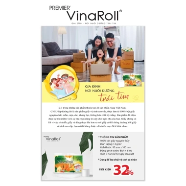 Combo 3 lốc Giấy vệ sinh PREMIER VinaRoll 3 lớp không lõi 100% bột giấy nguyên sinh không chất tẩy - 6 cuộn chỉ 151.000₫