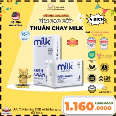 Combo 4 Bịch Bỉm Thuần Chay MILK MC886 – Nội Địa Malaysia, Cao Cấp, Siêu Thấm Hút, Siêu Mềm, An Toàn Cho Bé – 480.000₫