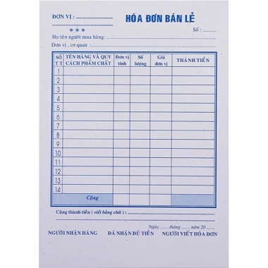 Combo 5 cuốn Hóa đơn bán lẻ khổ 13x19 - 100 tờ, giảm giá 65.000 VND Combo 5 cuốn Hóa đơn bán lẻ khổ 13x19 - 100 tờ, giảm giá 65.000 VND