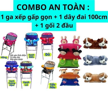 Combo An Toàn - Ghế Ga Xếp Gọn Sắt, Dây Đai 100cm và Gối 2 Đầu Cho Bé Đi Xe Máy