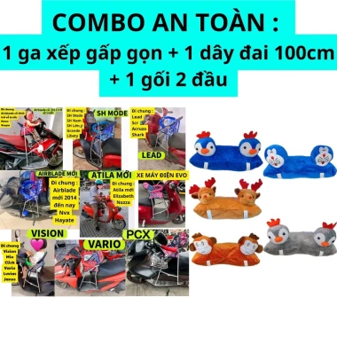 Combo An Toàn - Ghế Ga Xếp Gọn Sắt, Dây Đai 100cm và Gối 2 Đầu Cho Bé Đi Xe Máy
