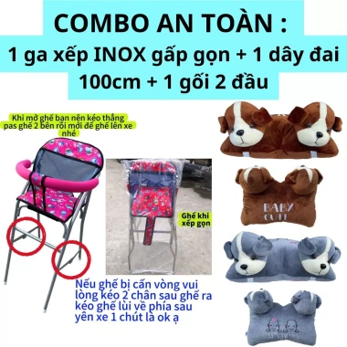 Combo Ghế Inox An Toàn cho Bé: Ghế Ga Cao Cấp Xếp Gọn, Dây Đai 100cm, Gối 2 Đầu – Giá 380.800₫