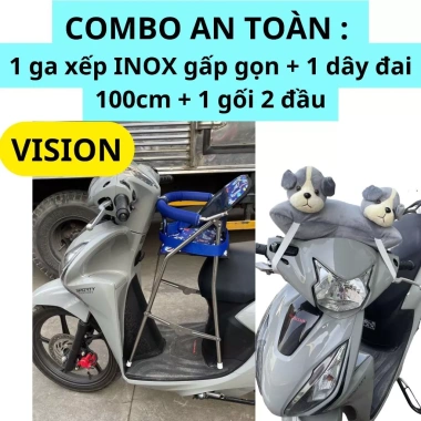 Combo Ghế Inox An Toàn cho Bé: Ghế Ga Cao Cấp Xếp Gọn, Dây Đai 100cm, Gối 2 Đầu – Giá 380.800₫