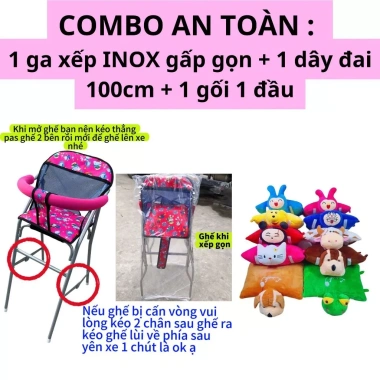Combo ghế inox cao cấp 1 ghế ga xếp gọn + dây đai 100cm + gối đầu xe máy cho bé - Giá chỉ 360.500 VND 2