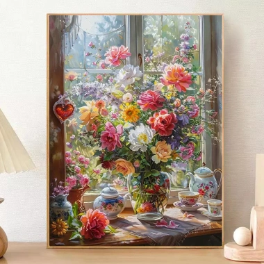 Cửa sổ sill cây giỏ hoa Cross Stitch 2.025 - phong cách mới ren thêu, chất liệu gói hoa, in chữ thập tự thêu, giảm 20%