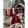 Đầm babydoll nhung tay rộng ngắn, đính nơ lớn, cột eo dây, viền ren - Giá 215.025đ