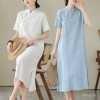 Đầm midi tay ngắn retro đứng cổ, vải lanh cotton jacquard mát mẻ mùa hè - Giá chỉ 763.419₫