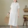 Đầm midi tay ngắn retro đứng cổ, vải lanh cotton jacquard mát mẻ mùa hè - Giá chỉ 763.419₫ 2