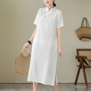 Đầm midi tay ngắn retro đứng cổ, vải lanh cotton jacquard mát mẻ mùa hè - Giá chỉ 763.419₫