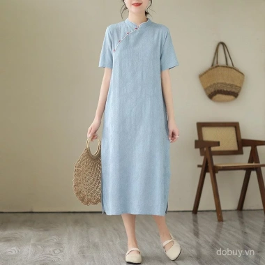 Đầm midi tay ngắn retro đứng cổ, vải lanh cotton jacquard mát mẻ mùa hè - Giá chỉ 763.419₫
