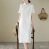 Đầm midi tay ngắn retro đứng cổ, vải lanh cotton jacquard mát mẻ mùa hè - Giá chỉ 763.419₫ 7