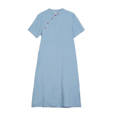 Đầm midi tay ngắn retro đứng cổ, vải lanh cotton jacquard mát mẻ mùa hè - Giá chỉ 763.419₫