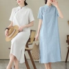 Đầm midi tay ngắn retro đứng cổ, vải lanh cotton jacquard mát mẻ mùa hè - Giá chỉ 763.419₫ 10