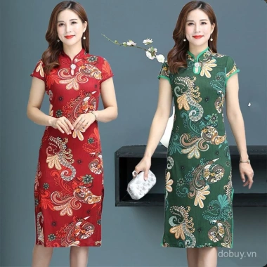 Đầm Qipao Tay Ngắn Plus Size Retro Slim Fit - Mùa Hè Thoáng Mát, Tôn Dáng Nhanh