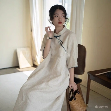 Đầm Qipao Trung Hoa vải lanh cotton thoáng mát, thêu retro, cổ áo thanh lịch - Giảm 21% 3 Đầm Qipao Trung Hoa vải lanh cotton thoáng mát, thêu retro, cổ áo thanh lịch - Giảm 21% 3