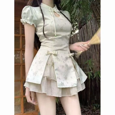 Đầm sườn xám hai mảnh retro Trung Hoa, tay phồng, nút đẹp - Giá chỉ 290.009₫