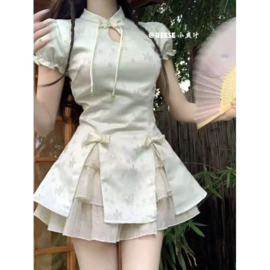 Đầm sườn xám hai mảnh retro Trung Hoa, tay phồng, nút đẹp - Giá chỉ 290.009₫