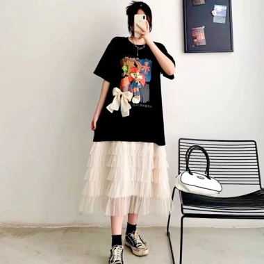 Đầm suông bigsize nữ đính nơ, ren lưới xếp tầng thời trang - Giá 429.000₫