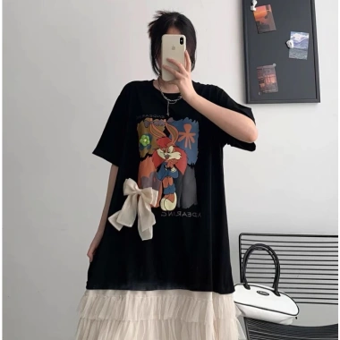 Đầm suông bigsize nữ đính nơ, ren lưới xếp tầng thời trang - Giá 429.000₫