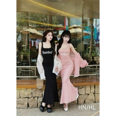 Đầm váy nữ tăm lạnh 2 dây Baobei dài xoè nhẹ, khoác tơ, dễ thương trẻ trung