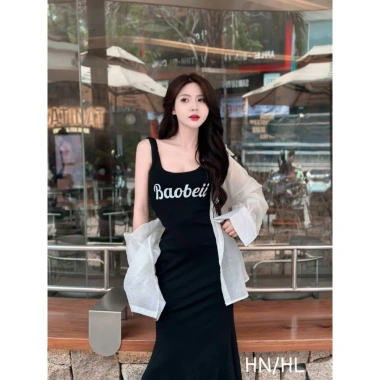 Đầm váy nữ tăm lạnh 2 dây Baobei dài xoè nhẹ, khoác tơ, dễ thương trẻ trung