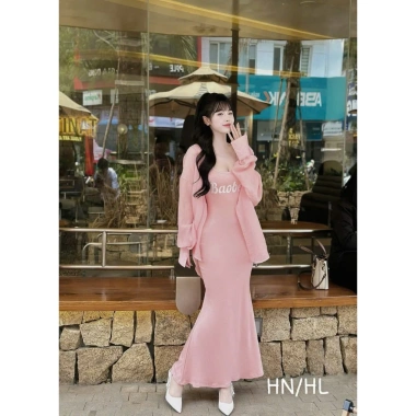 Đầm váy nữ tăm lạnh 2 dây Baobei dài xoè nhẹ, khoác tơ, dễ thương trẻ trung