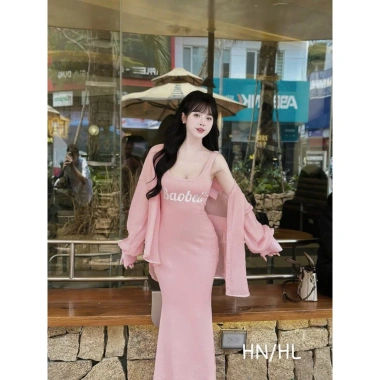 Đầm váy nữ tăm lạnh 2 dây Baobei dài xoè nhẹ, khoác tơ, dễ thương trẻ trung