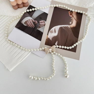 Dây thắt lưng nữ Hàn Quốc ngọc trai kim cương giả, thiết kế đính cườm thời trang