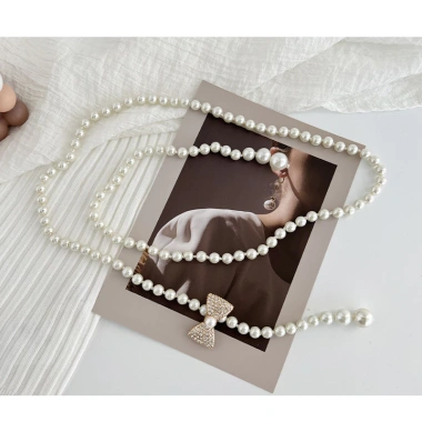 Dây thắt lưng nữ Hàn Quốc ngọc trai kim cương giả, thiết kế đính cườm thời trang