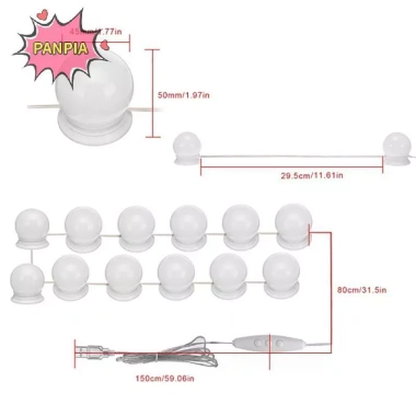 Đèn LED Vanity PNPIA - Bộ đèn gương USB cho bàn trang điểm, ánh sáng 3 màu, tiết kiệm