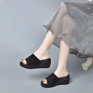 Dép Nữ Đế Xuồng AG16 Da Cao Cấp, Đế PU Siêu Nhẹ, Êm Đệm, Tăng 7cm, Giá 310k