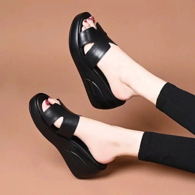 Dép Nữ Đế Xuồng AG18 Da Cao Cấp, Đế PU Siêu Nhẹ 5cm Tăng Cao, Siêu Êm