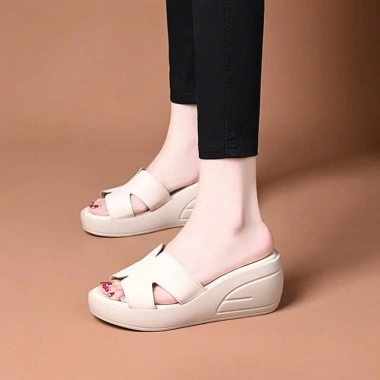 Dép Nữ Đế Xuồng AG18 Da Cao Cấp, Đế PU Siêu Nhẹ 5cm Tăng Cao, Siêu Êm