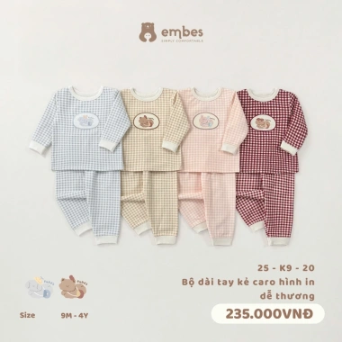 Đồ Bộ Bé Embes Dài Tay Caro Ngực Đáp Hình Cotton Dày Thu Đông 8-18kg Giá ưu đãi 188k
