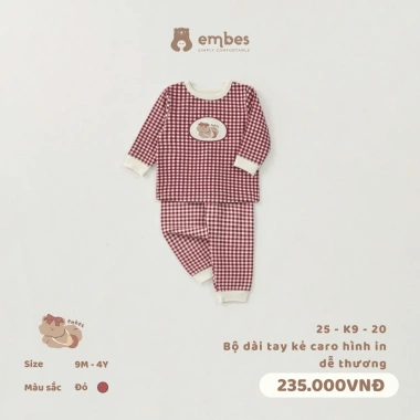 Đồ Bộ Bé Embes Dài Tay Caro Ngực Đáp Hình Cotton Dày Thu Đông 8-18kg Giá ưu đãi 188k