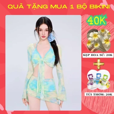 Đồ bơi kín đáo bikini đi biển cho nữ 2 mảnh set 4 chi tiết áo dài tay kèm chân váy có mút màu loang du lịch mùa hè B3 2