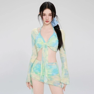 Đồ bơi kín đáo bikini đi biển cho nữ 2 mảnh set 4 chi tiết áo dài tay kèm chân váy có mút màu loang du lịch mùa hè B3 3