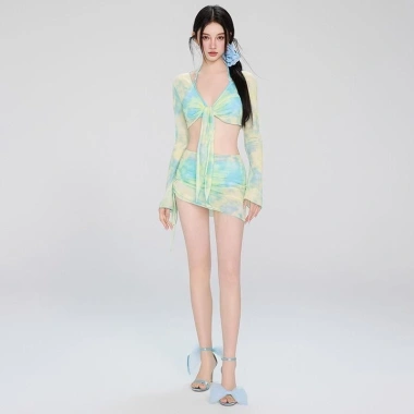 Đồ bơi kín đáo bikini đi biển cho nữ 2 mảnh set 4 chi tiết áo dài tay kèm chân váy có mút màu loang du lịch mùa hè B3 4