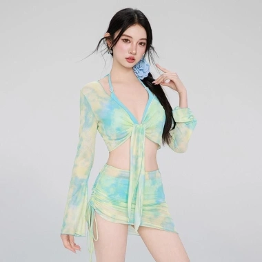 Đồ bơi kín đáo bikini đi biển cho nữ 2 mảnh set 4 chi tiết áo dài tay kèm chân váy có mút màu loang du lịch mùa hè B3 5