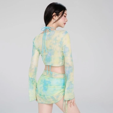 Đồ bơi kín đáo bikini đi biển cho nữ 2 mảnh set 4 chi tiết áo dài tay kèm chân váy có mút màu loang du lịch mùa hè B3 7