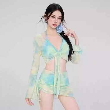 Đồ bơi kín đáo bikini đi biển cho nữ 2 mảnh set 4 chi tiết áo dài tay kèm chân váy có mút màu loang du lịch mùa hè B3 9
