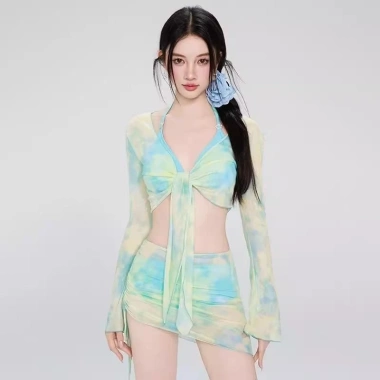 Đồ bơi kín đáo bikini đi biển cho nữ 2 mảnh set 4 chi tiết áo dài tay kèm chân váy có mút màu loang du lịch mùa hè B3 10