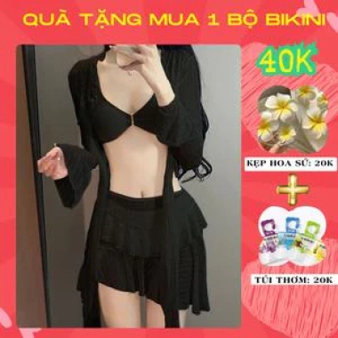 Đồ bơi kín đáo bikini đi biển cho nữ 2 mảnh set 4 chi tiết áo dài tay kèm chân váy có mút màu loang du lịch mùa hè B3 20