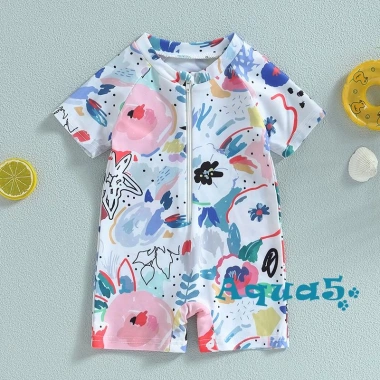 Đồ Bơi Trẻ Em AQQ Rash Guard Zíp Tay Ngắn In Họa Tiết Màu Nước Bảo Vệ Nắng