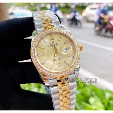 Đồng hồ nam Rolex cơ Automatic mặt vàng dạ quang viền đá 41-40mm - Tặng hộp đẹp, giảm 17%